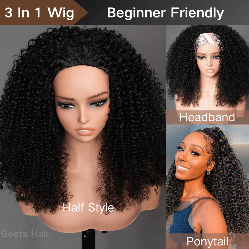 [3 In 1 Half Wig] Kinky Curly Coily Half Wig Invisi Drawstring Glueless Flip Over Wig Flash Sale