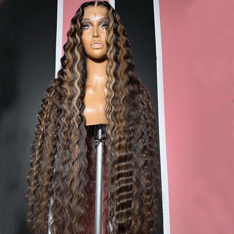Brown with Blonde Highlight Crimped Wavy Wig With Curling Iron Skunk Stripe Human Hair Lace Frontal Wig