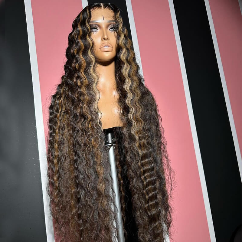 Brown with Blonde Highlight Crimped Wavy Wig With Curling Iron Skunk Stripe Human Hair Lace Frontal Wig