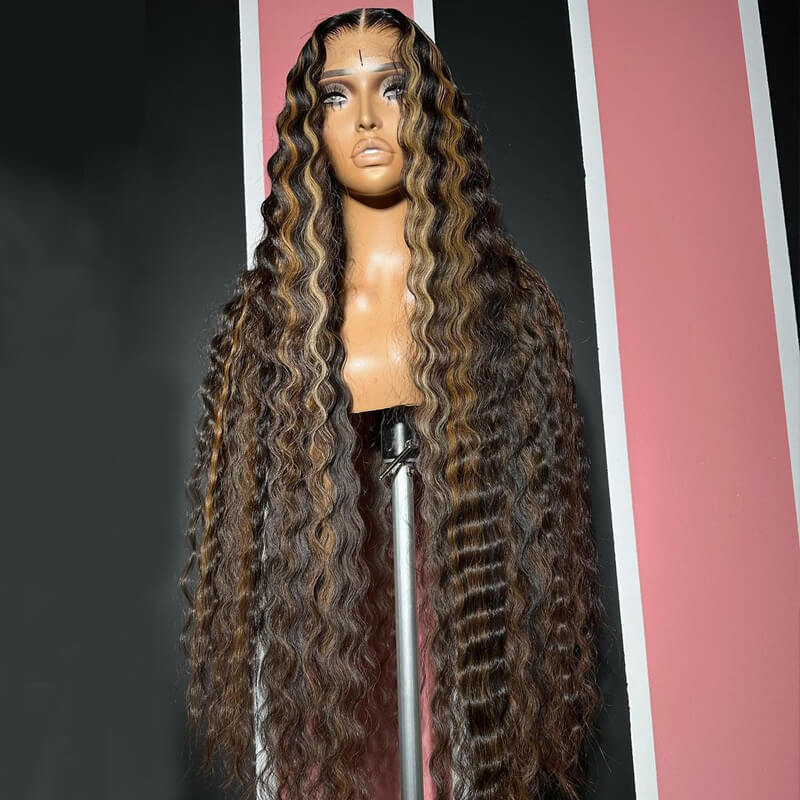 Brown with Blonde Highlight Crimped Wavy Wig With Curling Iron Skunk Stripe Human Hair Lace Frontal Wig
