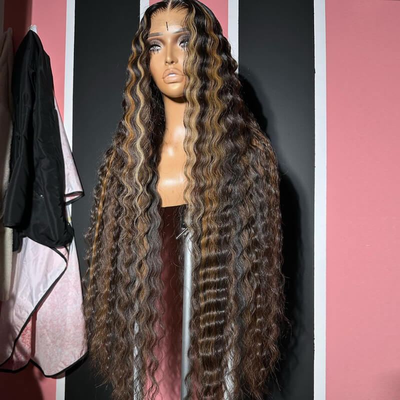 Brown with Blonde Highlight Crimped Wavy Wig With Curling Iron Skunk Stripe Human Hair Lace Frontal Wig
