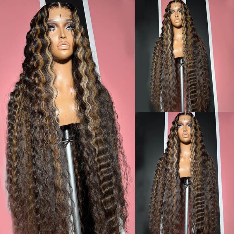 Brown with Blonde Highlight Crimped Wavy Wig With Curling Iron Skunk Stripe Human Hair Lace Frontal Wig