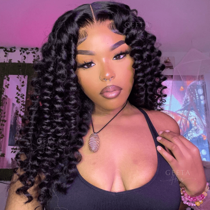 Glueless Bouncy Curly Hair 13x4 Transparent Lace Front Wig Pre Plucked Hairline Wand Curl Human Hair