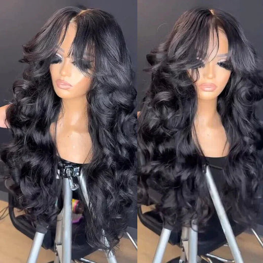 Full 250% Density Loose Body Wave Human Hair Wigs 13x4 Ocean Wave Lace Front Wigs with Curtain Bangs