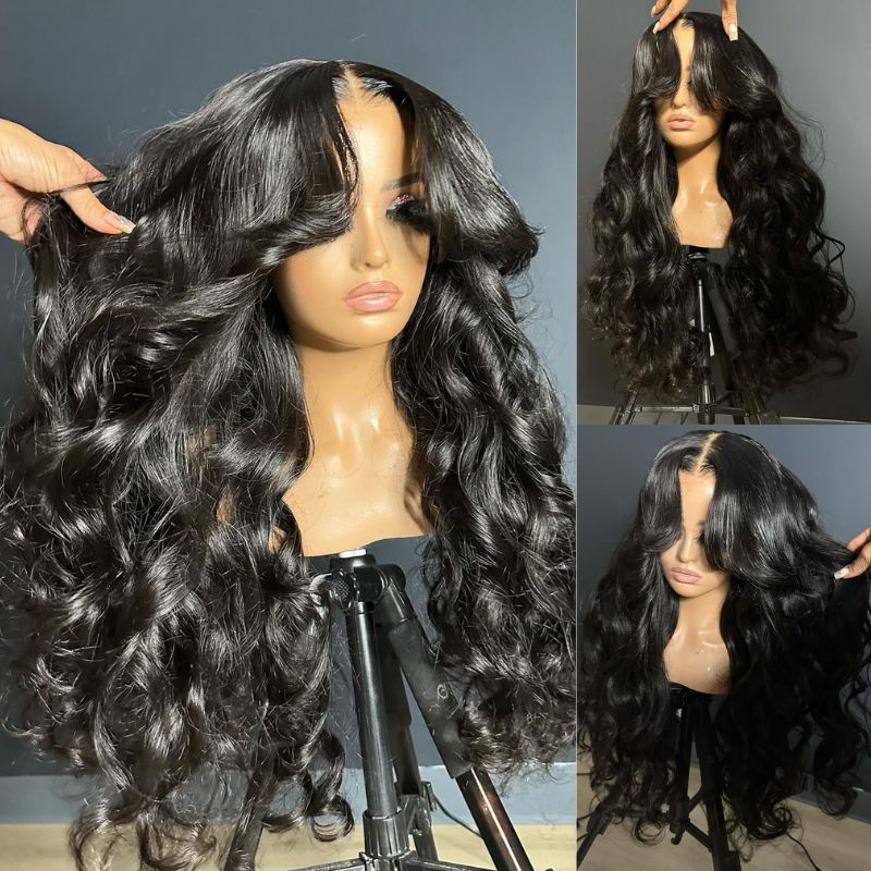 Full 250% Density Loose Body Wave Human Hair Wigs 13x4 Ocean Wave Lace Front Wigs with Curtain Bangs