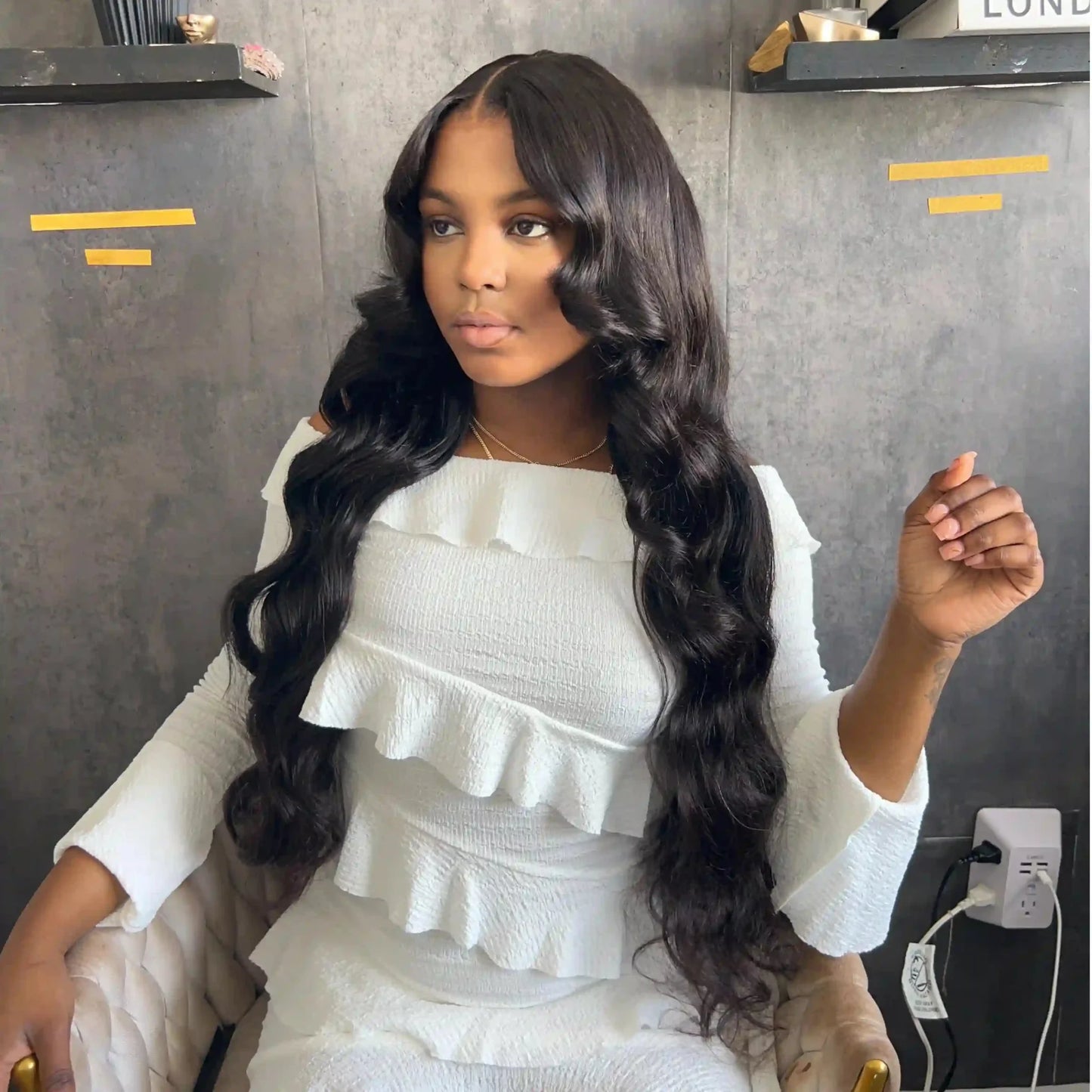 Full 250% Density Loose Body Wave Human Hair Wigs 13x4 Ocean Wave Lace Front Wigs with Curtain Bangs