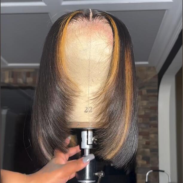 Layer Cut Ombre Highlight Straight Bob Human Hair Wigs 13x4 Lace Front Glueless Wigs