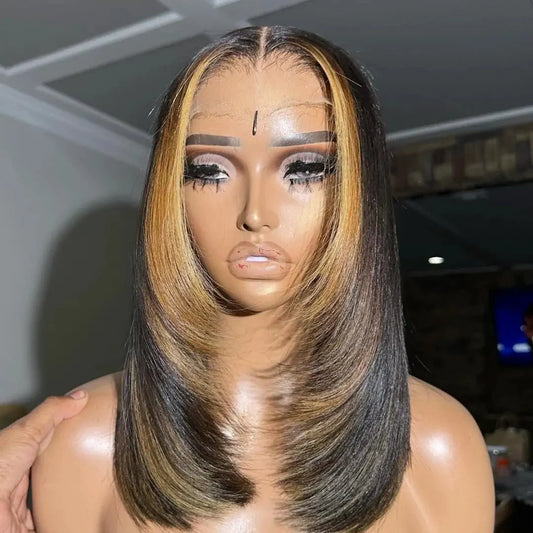 Layer Cut Ombre Highlight Straight Bob Human Hair Wigs 13x4 Lace Front Glueless Wigs