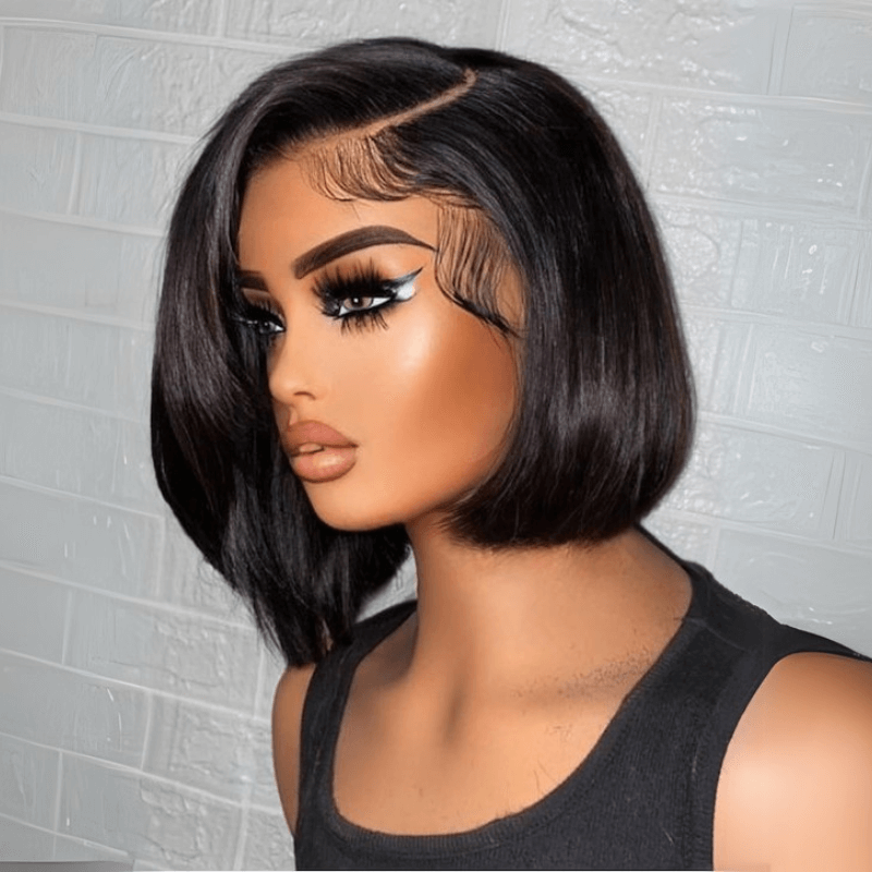 Brown Highlight Side Part Short Bob Wig Glueless Straight Lace Front Human Hair Wigs Pre Plucked