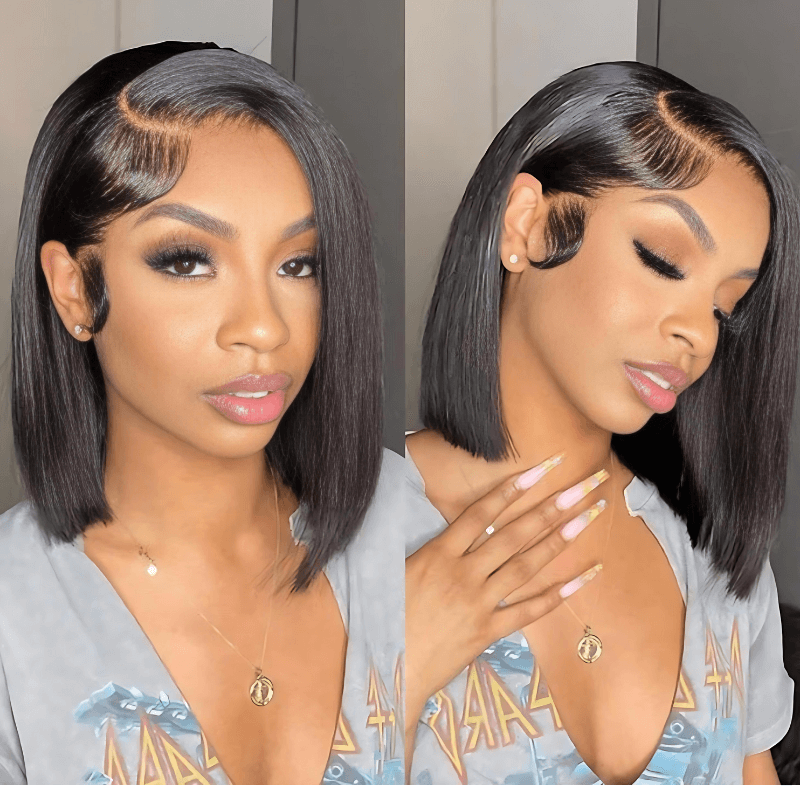 Brown Highlight Side Part Short Bob Wig Glueless Straight Lace Front Human Hair Wigs Pre Plucked