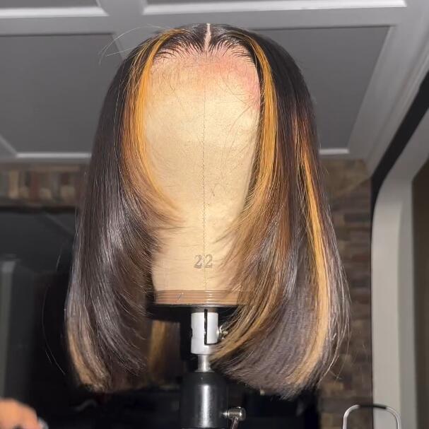 Layer Cut Ombre Highlight Straight Bob Human Hair Wigs 13x4 Lace Front Glueless Wigs