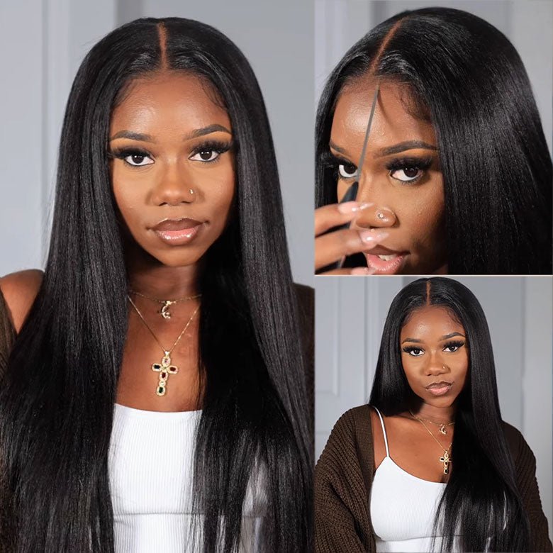 Yaki Straight 7x5 Glueless Lace Invisible Knots Put On and Go Invisi Drawstring Human Hair Wigs