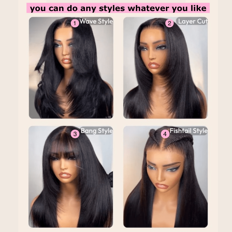 Yaki Straight 7x5 Glueless Lace Invisible Knots Put On and Go Invisi Drawstring Human Hair Wigs