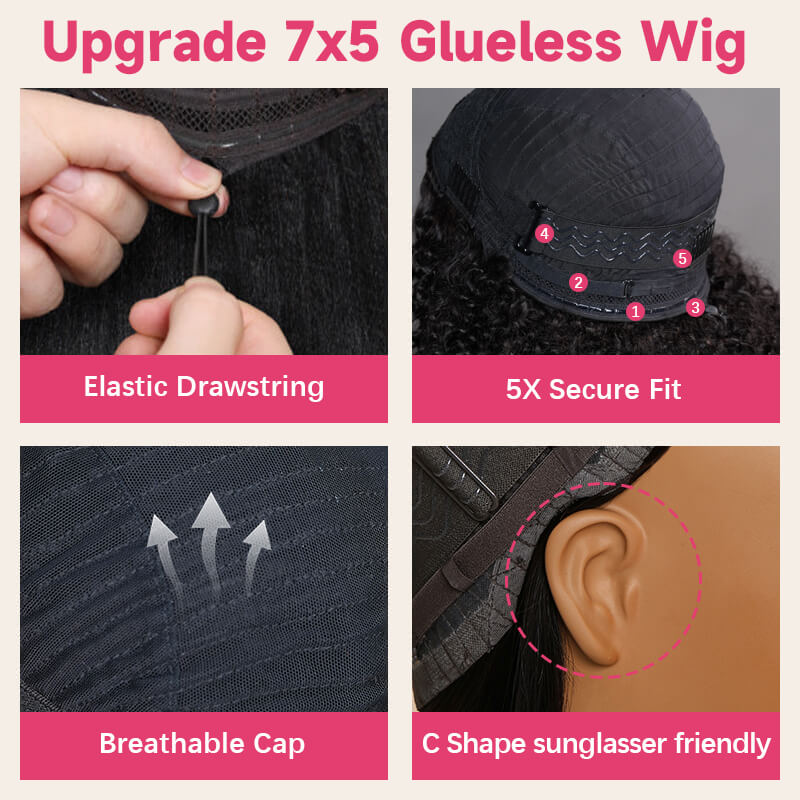 Yaki Straight 7x5 Glueless Lace Invisible Knots Put On and Go Invisi Drawstring Human Hair Wigs